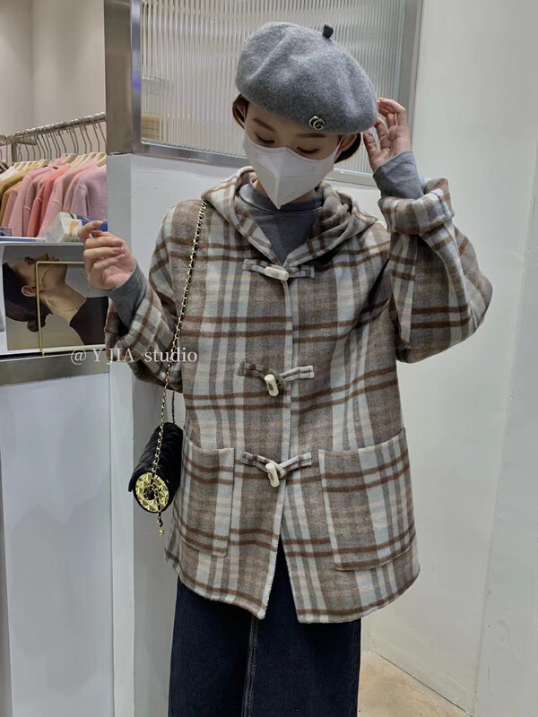 【Y.JIA】Korean style high-end horn button hooded wool jacket (including 100% wool) 55136# FHX