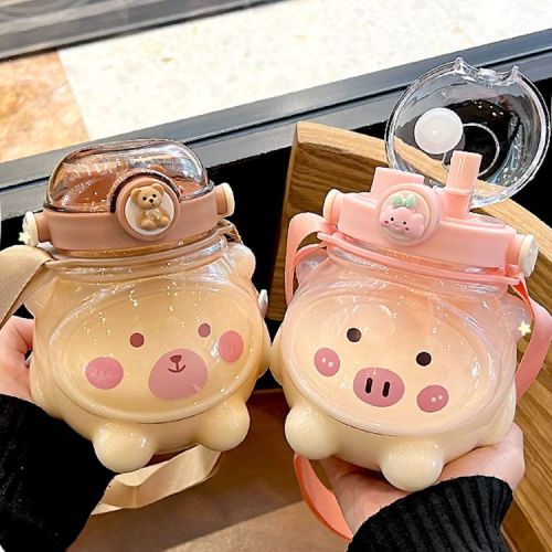 Internet celebrity cute straw cup large-capacity cartoon water cup female students bear big belly cup oblique plastic kettle