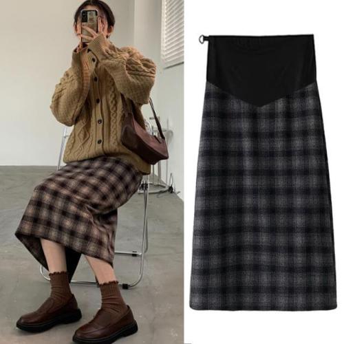 Pregnant women woolen plaid skirt 2022 new spring and summer mid-length bag hip slit skirt retro belly skirt