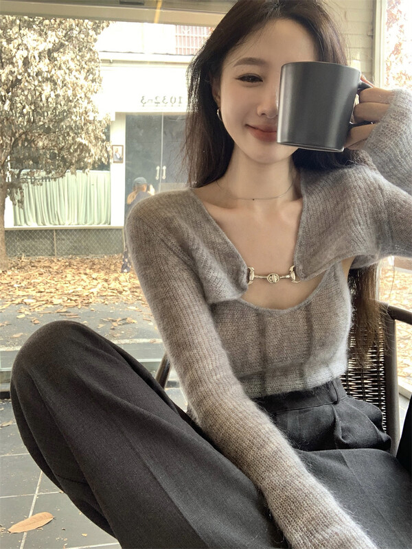 New in autumn! [WGWE] two-piece suit with textured outerwear short shirt + slim camisole 2796# FHX