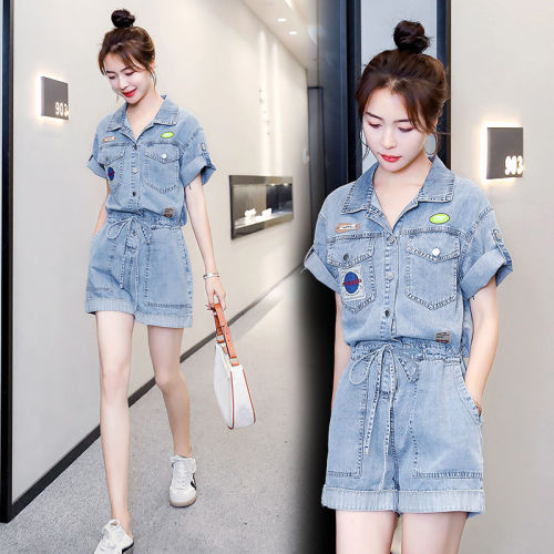 Internet celebrity small fashion summer new denim jumpsuit shorts trendy 2021 female foreign style age-reducing tooling suit