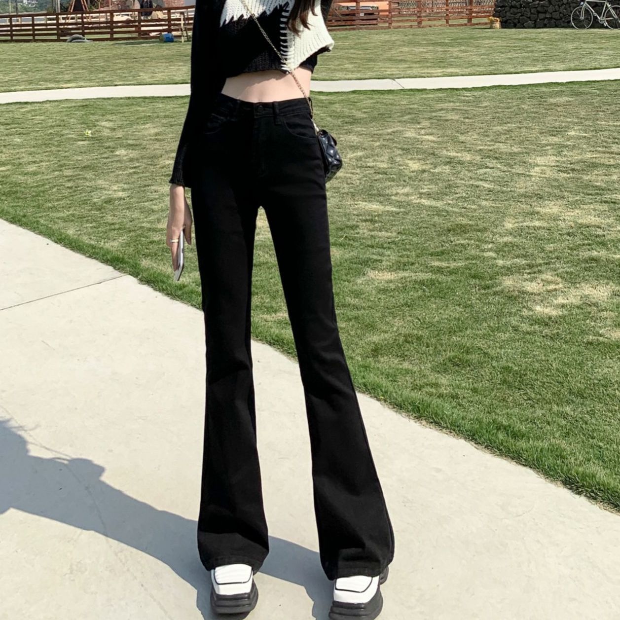 Lace-up jeans women's new spring and autumn high-waist slim mopping black flared pants small Korean version of the nine-point pants