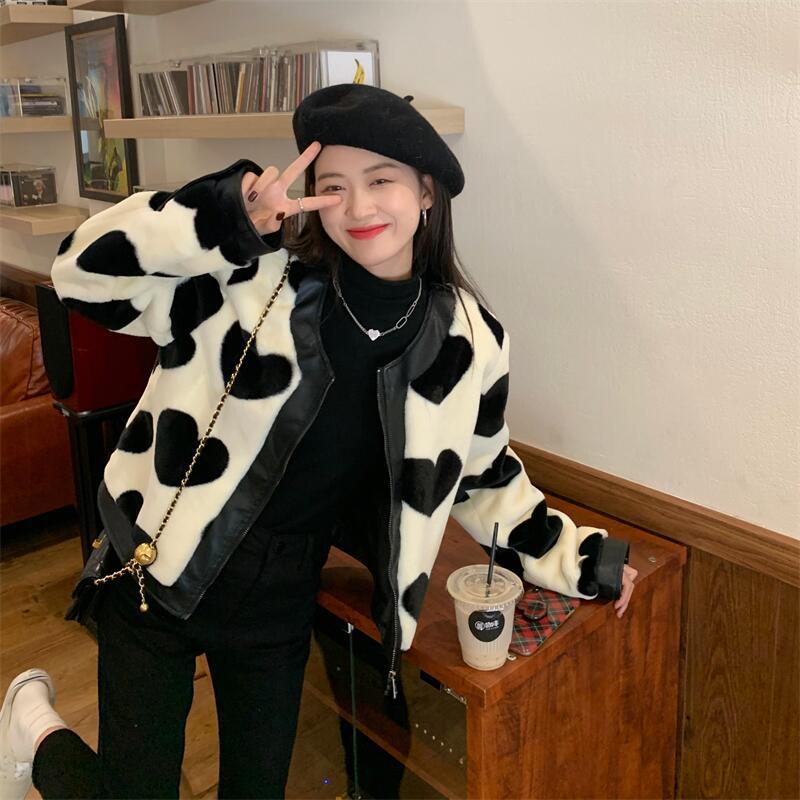 Real price real price autumn and winter plush velvet thick warm jacket love fur one splicing PU leather