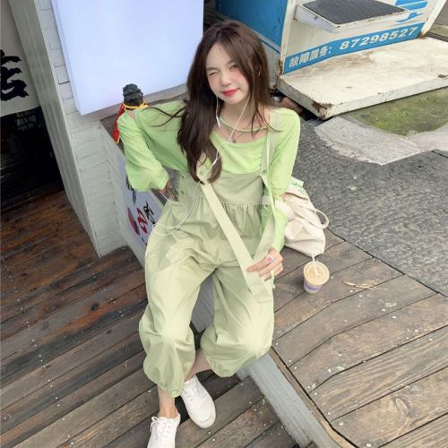 Ins one-piece wide-leg overalls women's Korean version  new loose high-waisted Harem casual nine-point trousers trendy