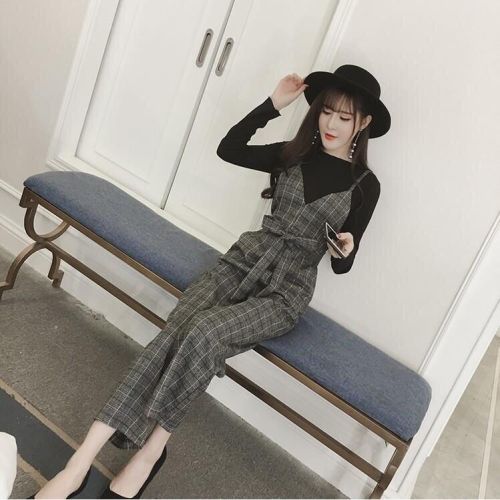 Spring and autumn new nine-point overalls female student jumpsuit two-piece wide-leg pants suit Korean version loose short