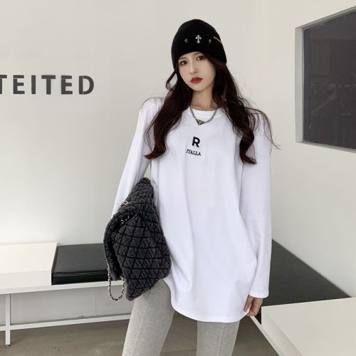 Real shot of winter Hong Kong style letter embroidery loose plus velvet thick mid-length T-shirt worn brushed white bottoming top