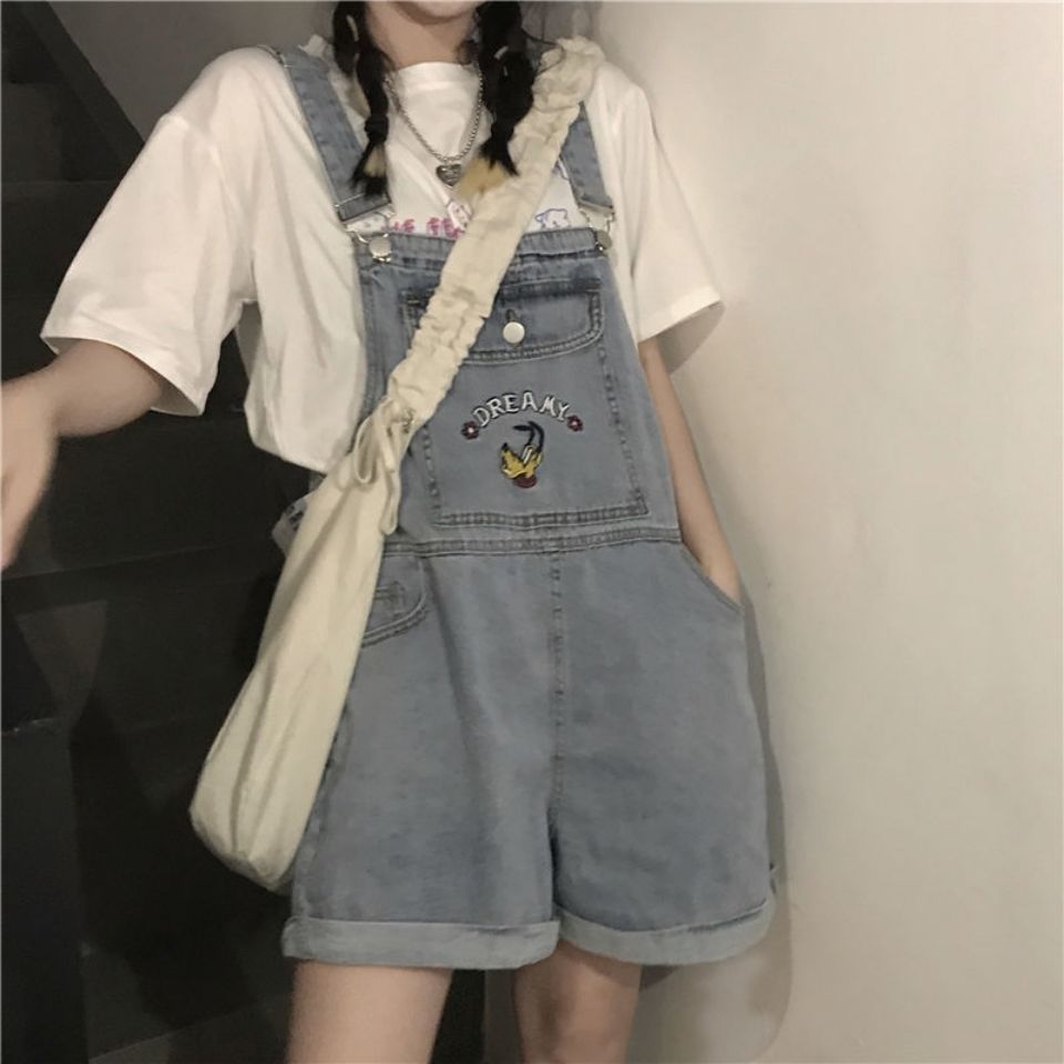 Japanese girl high waist age-reducing denim bib pants summer retro straight loose student wide-leg pants shorts large size