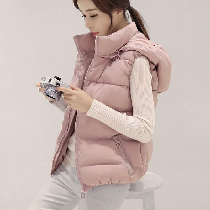 Cotton vest detachable hat 2022 winter and spring short down cotton ladies cotton vest jacket Korean version slimming trendy