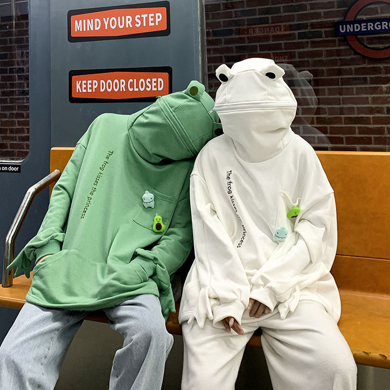 Frog sweater women's trendy ins Korean version loose top couple outfit autumn and winter all-match student hooded vintage jacket