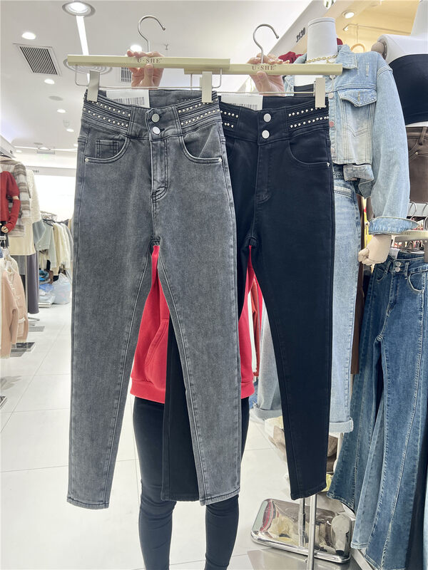 【U.SHE】High waist skinny fleece jeans 89507# JJ