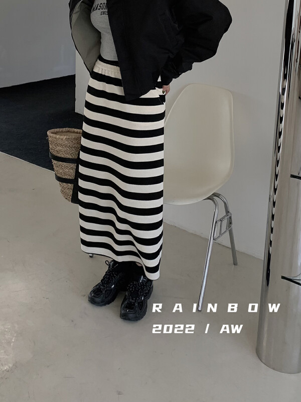 【RAINBOW】Explosive style versatile single product striped slit skirt YS1-02110# FHX