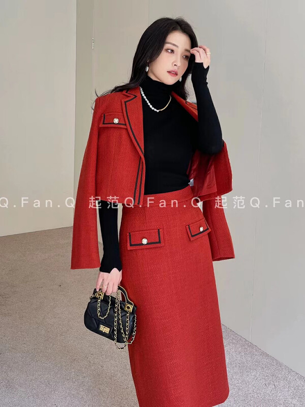 【Qi Fan】Thickened textured fabric features contrasting colors to save commuting high-end jacket + elegant skirt suit 80515-8125# JHY