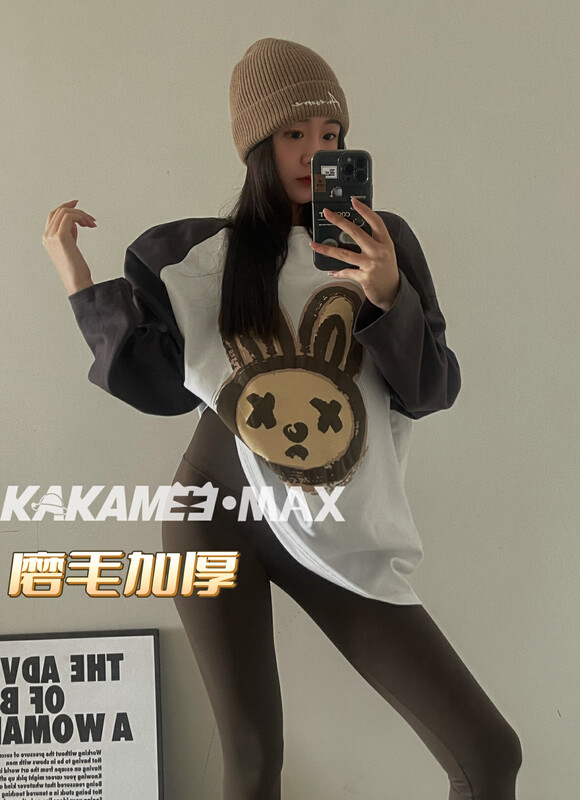 [KAKAMEE] American style big rabbit print loose mid-length raglan sleeves and sleeves T-shirt long-sleeved T-shirt plus velvet N5323