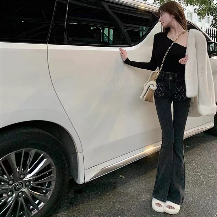 【U.SHE】High Waist Flared Fleece Jeans YS1-98238# JJ
