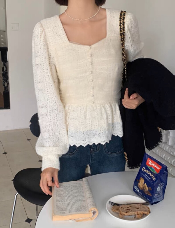 【Huaxi】Korean style square collar hollow fleece sweater 1121# PCZ