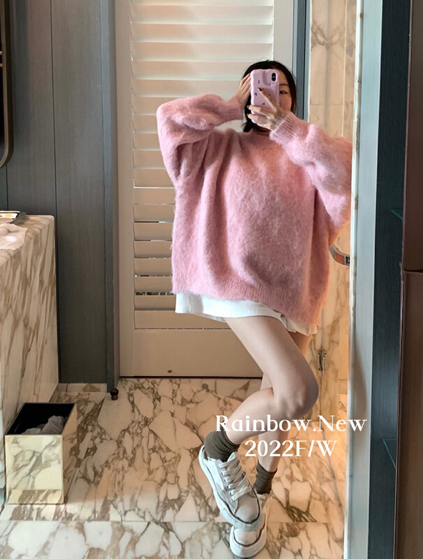 【RAINBOW】Korean version loose pink brushed sweater sweater age reduction girl powder 312