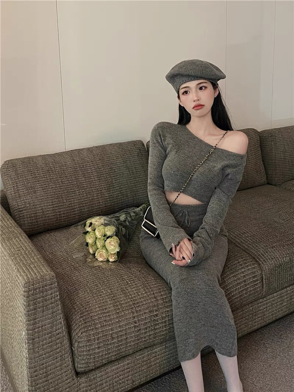 [Huaxi] Off-the-shoulder long-sleeved sweater + arm skirt set 1017# PCZ