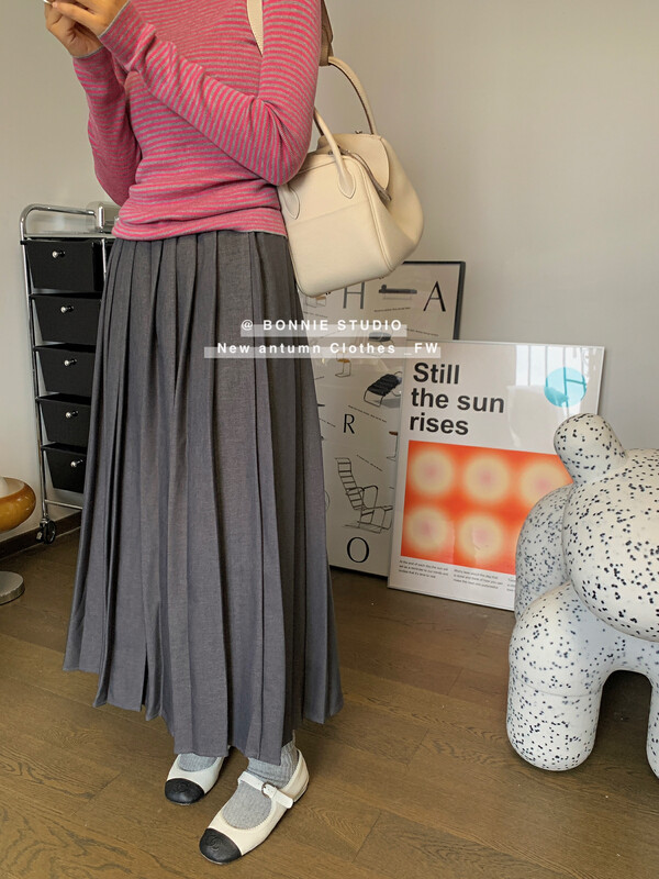 【BONNIE】Elastic waist pleated mid-length skirt 2708# XJ