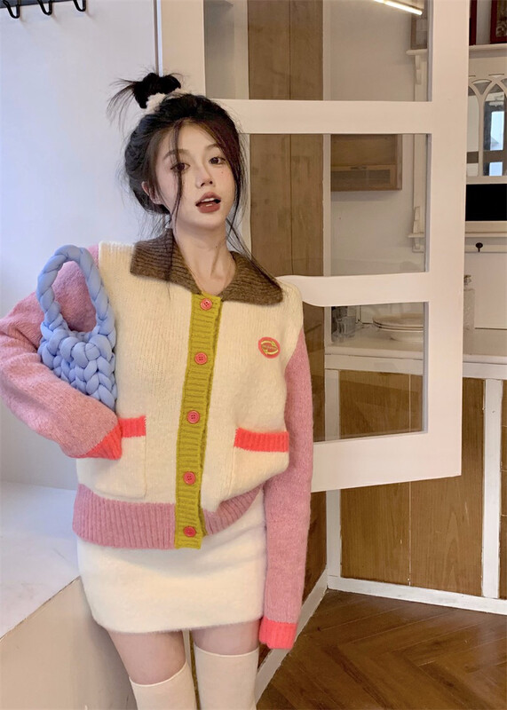 【X·H STUDIO】Korean style color contrast splicing loose-breasted sweater 60100# OZQ