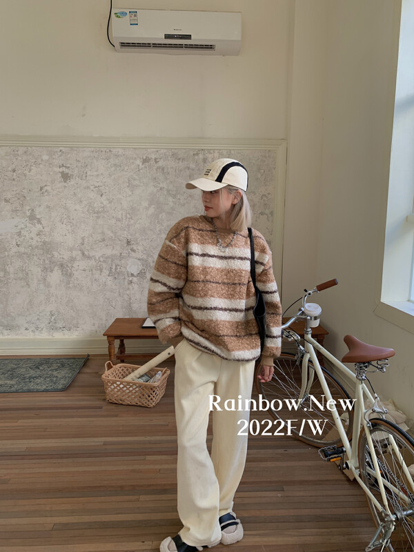 【RAINBOW】Striped wool sweater (loose pullover sweater with fleece inside) YS1-03033# FHX