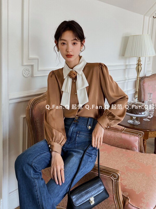 [Qi Fan] New urban elegant streamer long-sleeved shirt (with detachable rose) (collar detachable) 80572-1# JHY