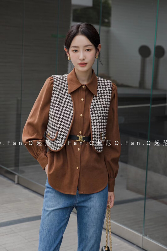 【Q.FAN.Q】Simple Korean all-match shirt + thick corduroy plaid vest suit 80531-80532# JHY