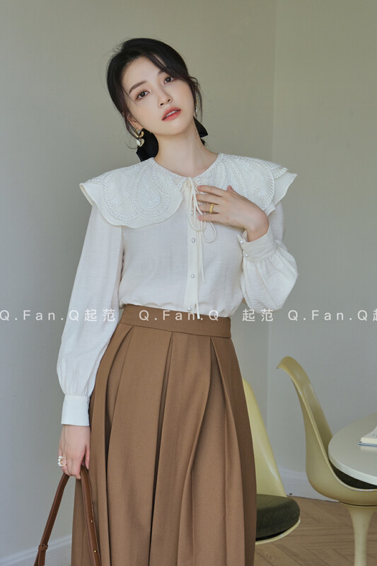Original price 90.99! [Fan] French large lapel heavy embroidery tie shirt F80251# JHY