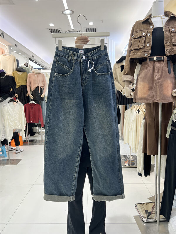【U.SHE】Retro High Waist Straight Leg Wide Leg Fleece Jeans 62092# JJ