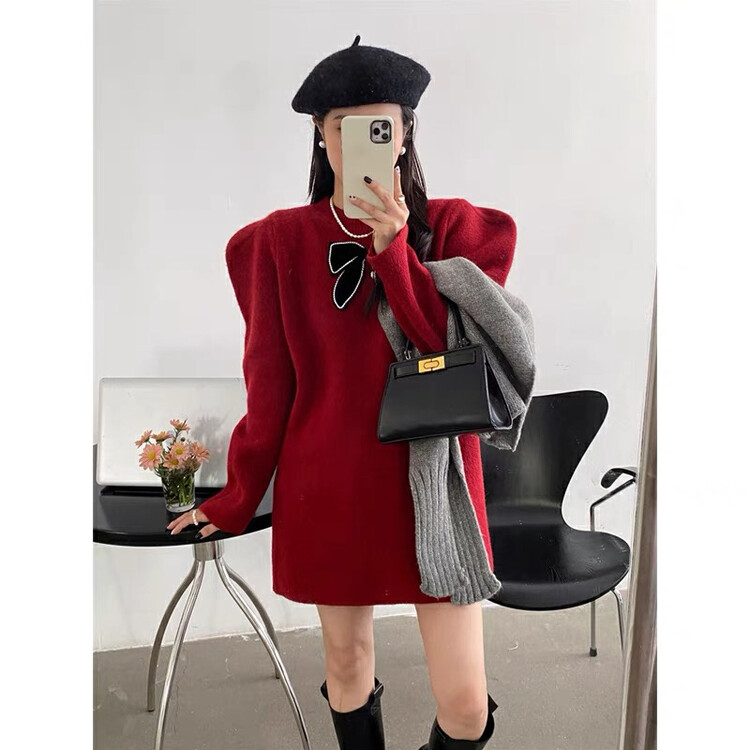 [Huaxi] Puff Sleeve Bow Knitted Dress 1087# PCZ