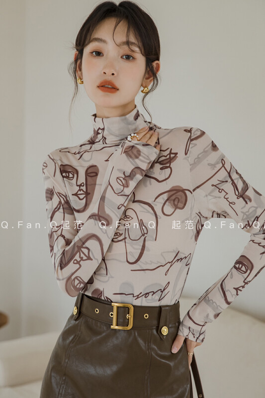 【Qi Fan】Retro Printed Slim High Collar Bottom Shirt F80381# JHY