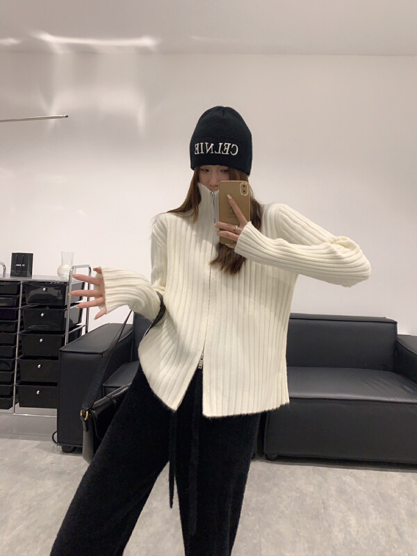[VANESSA] High-grade thick pit strip half-high collar double zipper warm sweater 8885# OZQ