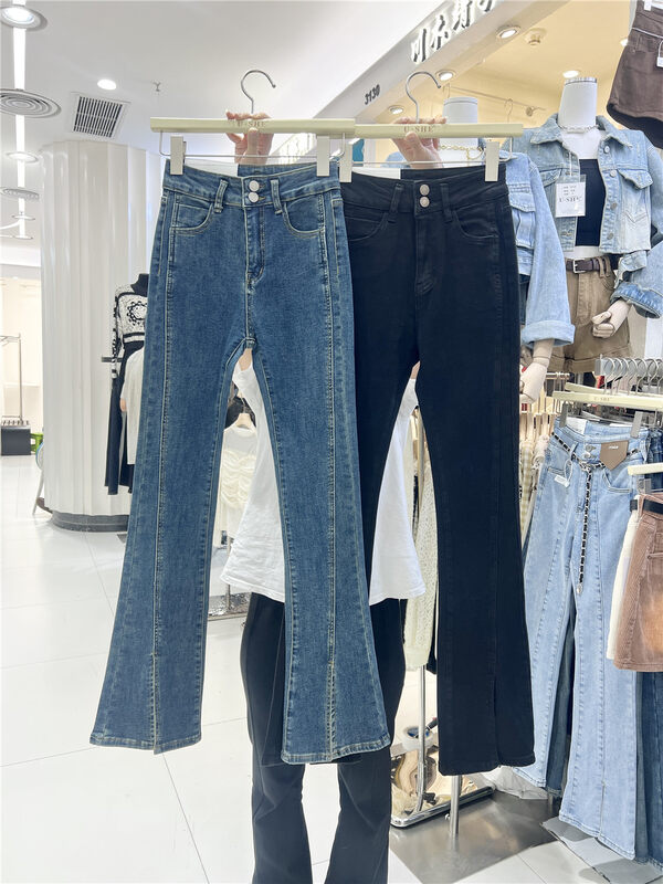 【U.SHE】High-waisted slit skinny fleece jeans 98220# JJ