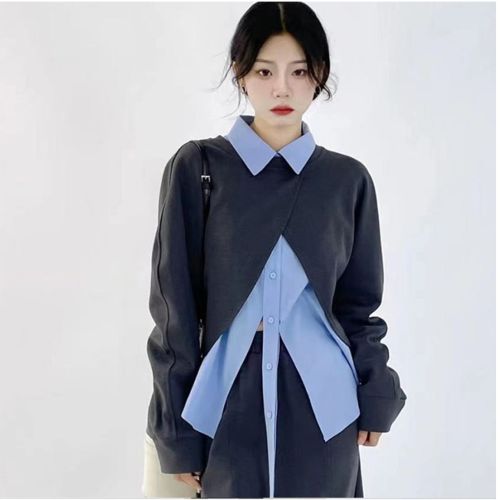 [Three-piece set] Design sense blue long-sleeved shirt female autumn Korean version bf lazy wind thin top skirt