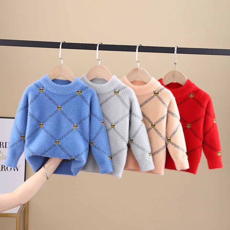 Boys sweater 2022 autumn and winter new boys Korean version of foreign style knitted sweater thick liner mink velvet pullover sweater