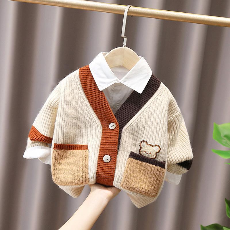 Children's Han Fan cartoon pocket knitted cardigan boys and girls 2022 autumn and winter clothes baby thickened sweater children's coat