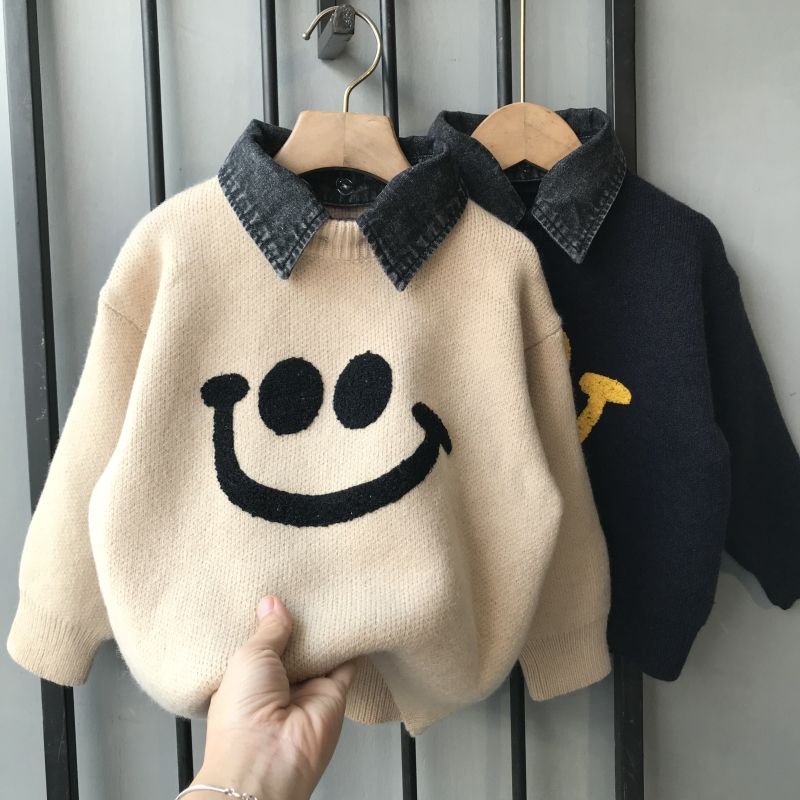 Boys' sweater autumn and winter fake two pieces 2022 new children's knitted sweater thick middle and small children's winter bottoming shirt fried street