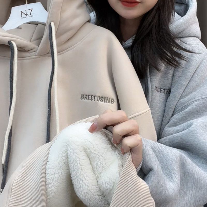 Outlets~Foreign Trade Yudan Retro Letter Embroidered Hooded Sweatshirt Plus Fleece Thickened 2022 Winter Design Sense