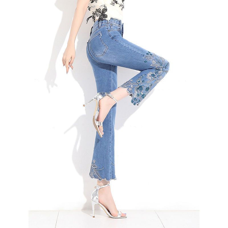 Ethnic style embroidered micro-flared jeans ladies 2022 spring and autumn new high-waisted high-waisted slim nine-point flared pants