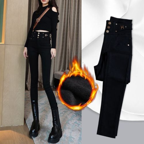 2022 autumn and winter women's high-waisted tight-fitting belly-closing bottoming long pants women's velvet magic Korean version small feet pencil black pants