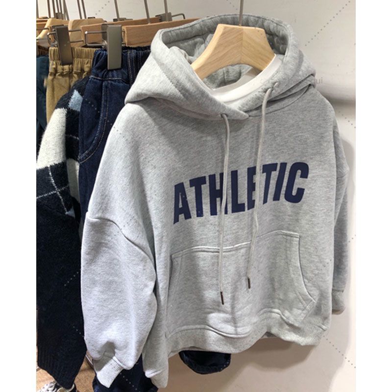 Impression childhood boys and girls printed hooded sweater 2022 winter new children's clothing plus fleece warm top for big children