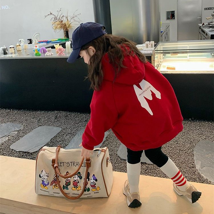 2022 new girl's fleece sweater autumn and winter children's baby foreign style all-match loose outerwear thickened hooded top