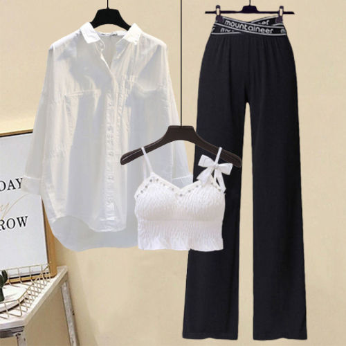 Plus-size women's summer suit women's  new waist-shrinking slimming and age-reducing suspenders shirt wide-leg pants three-piece suit [shipping within 6 days]