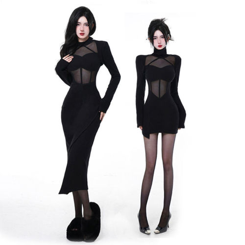 JOYKIKI Jinjin Cool Cool Hot Girl Pure Desire Black Fishbone Skirt Female Mesh Stitching Bag Hip Long Sleeve Dress