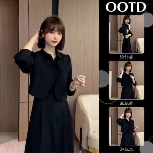 High-end dress top two-piece women's autumn salt system lazy style thin skirt mid-length suit