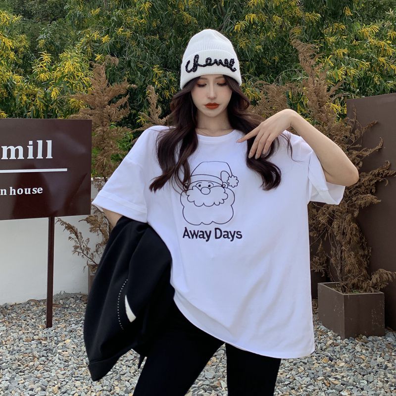 Real shot of winter Hong Kong style embroidery Christmas loose plus velvet thick mid-length half-sleeved T-shirt worn brushed bottoming top