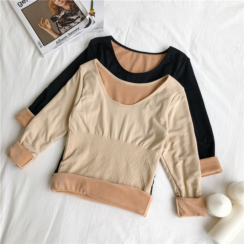 Real shot Winter Korean version of the all-match round neck plus velvet thick bottoming shirt long-sleeved thermal underwear tide
