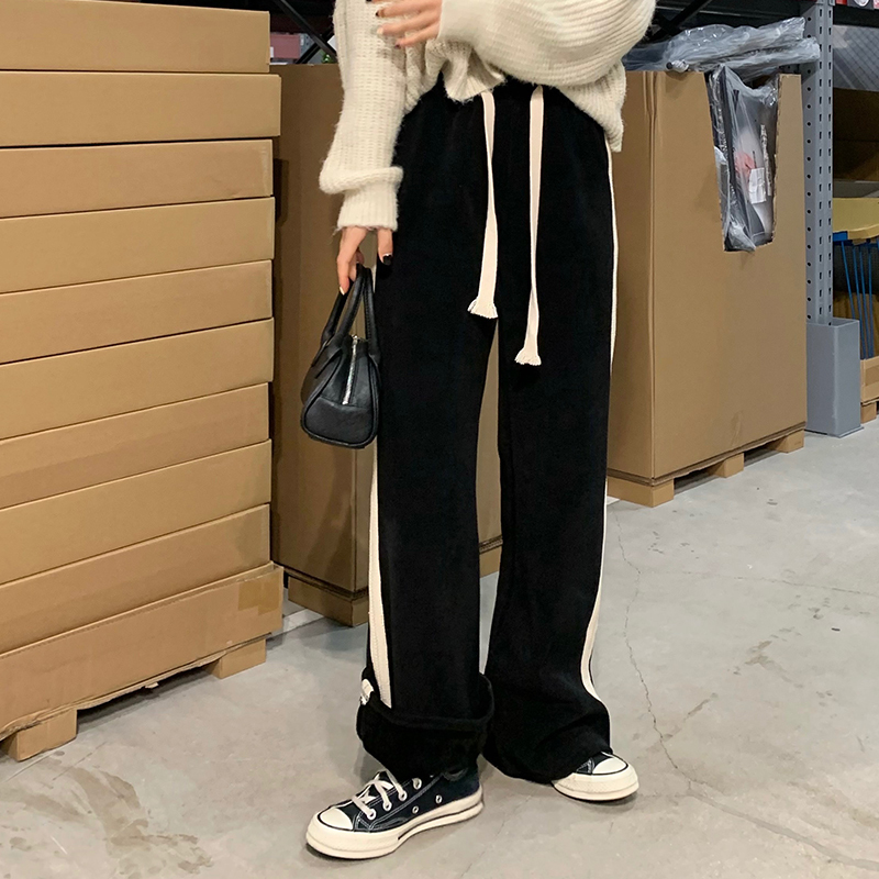 Real shot real price plus velvet thickened vertical striped legged casual pants high waist wide leg pants slim sports pants