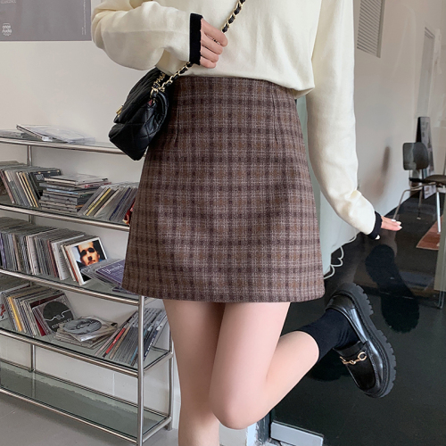 Real shot, real price, solid color, vintage woolen skirt, women's high waist, A-line, thin, contrast color, plaid casual skirt