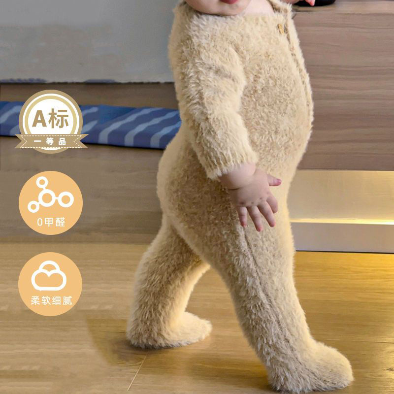 Bear baby knitted jumpsuit regular warm male and female infants with hooded socks long-sleeved romper sweater autumn and winter