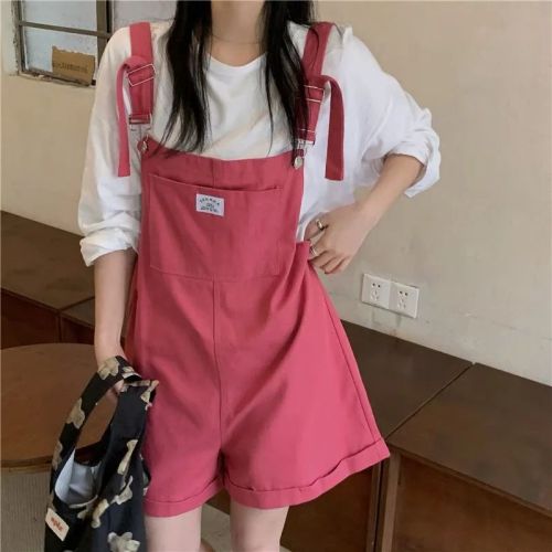  new Korean style chic for today~ full of vitality girl! Super A rose red tooling casual overalls shorts